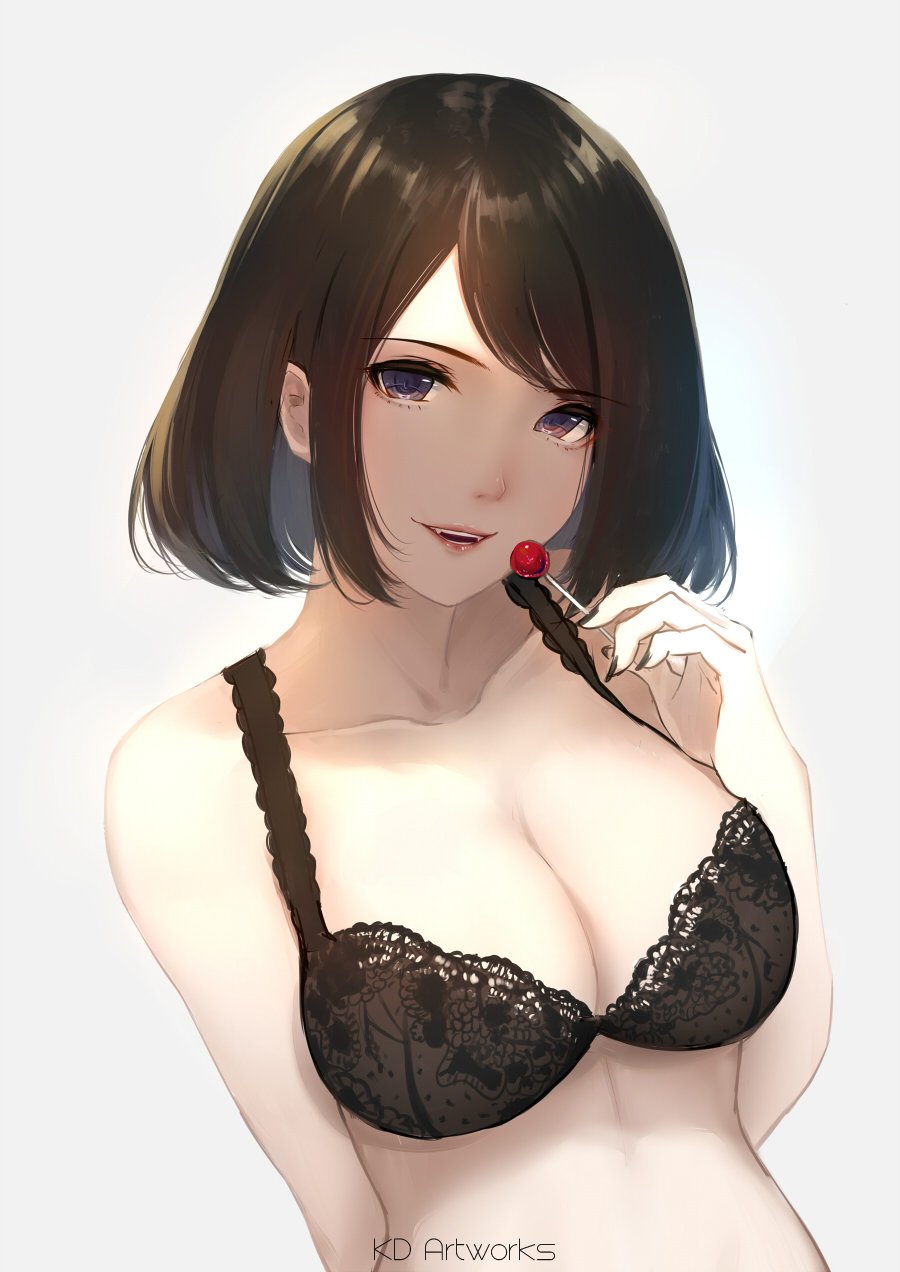 1girl arm_at_side artist_name bangs black_bra black_nails bra breasts brown_hair caidychen candy chupa_chups cleavage collarbone commentary eyebrows_visible_through_hair eyelashes fangs fingernails food frilled_straps grey_eyes hand_up head_tilt highres holding holding_lollipop lace lace-trimmed_bra lips lollipop long_fingernails looking_at_viewer medium_breasts nail_polish off_shoulder open_mouth original parted_bangs pink_lips shiny shiny_hair short_hair simple_background smile solo underwear underwear_only upper_body vampire white_background