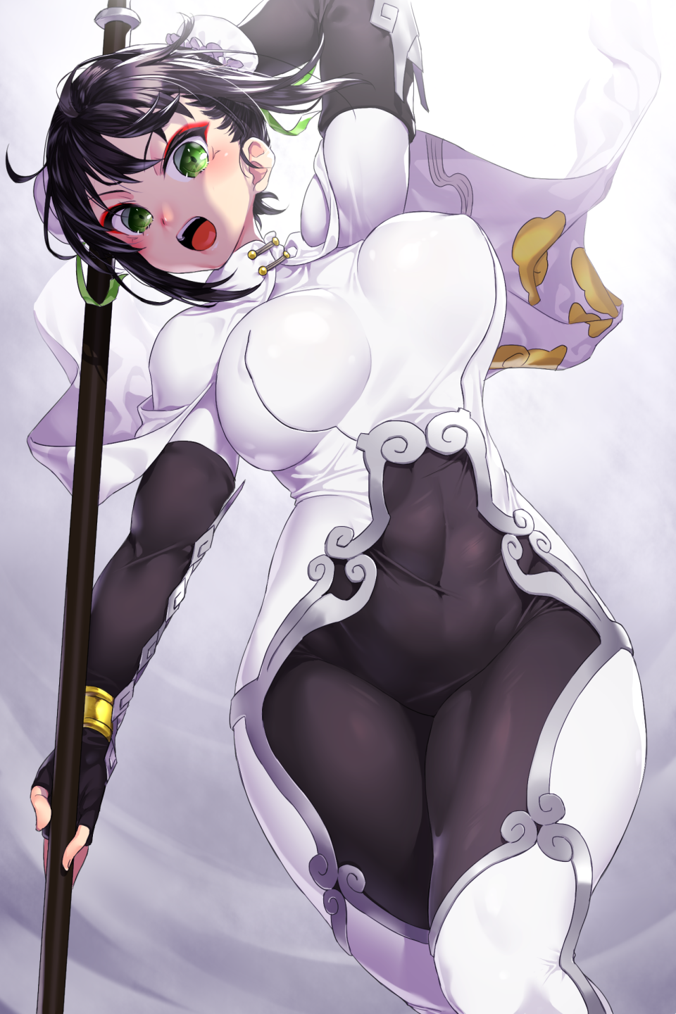 1girl black_hair blush bodysuit breasts bun_cover capelet covered_navel covered_nipples double_bun eyeshadow fate/grand_order fate_(series) fingerless_gloves gloves green_eyes hair_ribbon highres impossible_clothes makeup onsoku_maru open_mouth polearm qin_liangyu_(fate) ribbon solo weapon