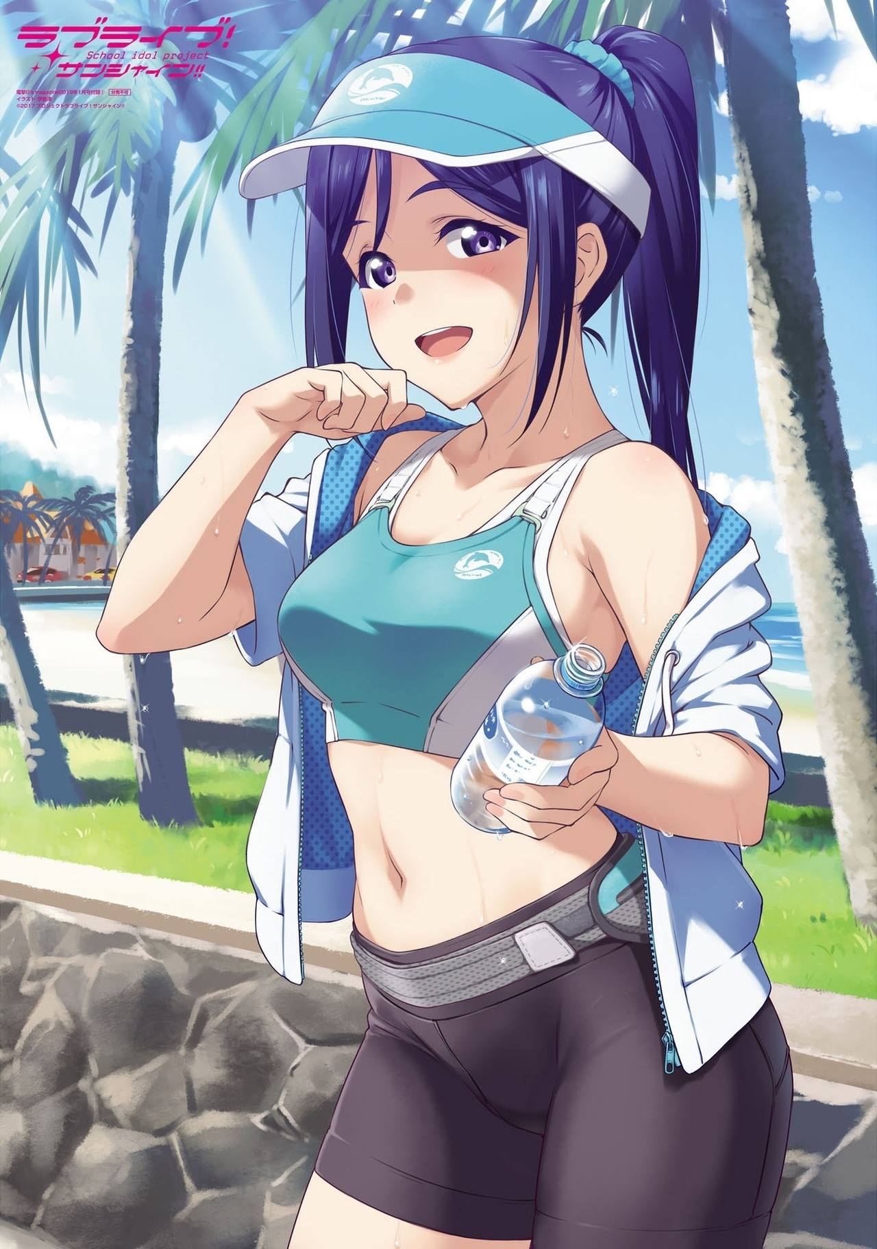 1girl bangs beach bike_shorts blue_cap blue_hair blue_scrunchie blue_topwear bottle breasts cleavage collarbone crop_top dark_blue_hair grass high_ponytail highres jacket looking_at_viewer love_live! love_live!_sunshine!! matsuura_kanan medium_breasts off_shoulder official_art open_clothes open_jacket open_mouth outdoors palm_tree scrunchie skindentation solo sports_bra sunlight sweat tree violet_eyes visor_cap water_bottle white_jacket