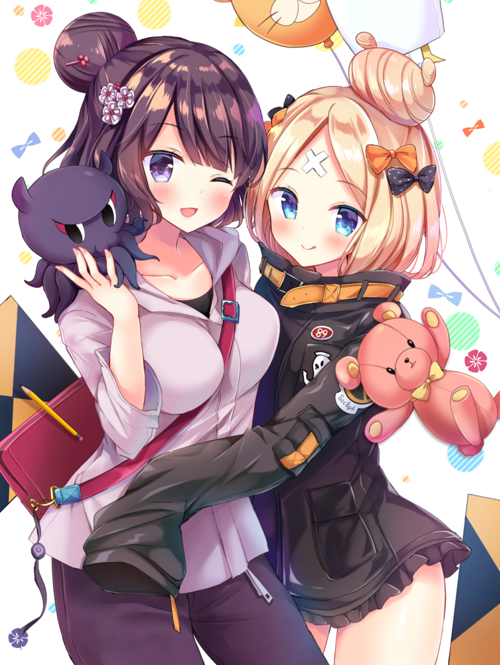 2girls abigail_williams_(fate/grand_order) bag balloon bandaid_on_forehead bangs belt black_bow black_jacket blonde_hair blue_eyes blush bow breasts closed_mouth collarbone crossed_bandaids fate/grand_order fate_(series) forehead hair_bow hair_bun hair_ornament hairpin heroic_spirit_traveling_outfit high_collar highres hips hood hoodie jacket katsushika_hokusai_(fate/grand_order) licking_lips long_hair long_sleeves looking_at_viewer masayo_(gin_no_ame) medium_breasts multiple_girls octopus one_eye_closed orange_bow pants parted_bangs pencil polka_dot polka_dot_bow purple_hair purple_pants short_hair shoulder_bag sleeves_past_fingers sleeves_past_wrists stuffed_animal stuffed_toy teddy_bear thighs tokitarou_(fate/grand_order) tongue tongue_out violet_eyes white_jacket zipper_pull_tab