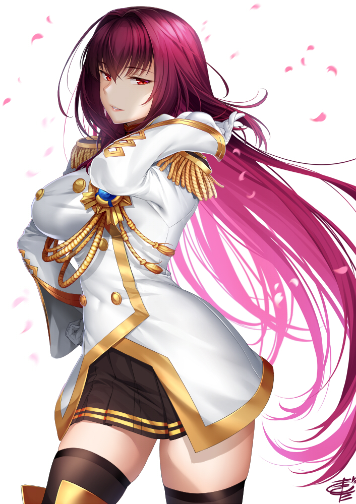 1girl adjusting_hair black_legwear boots commentary_request epaulettes fate/extella_link fate/grand_order fate_(series) gloves long_hair looking_at_viewer military military_uniform okitakung petals purple_hair red_eyes scathach_(fate)_(all) scathach_(fate/grand_order) simple_background skirt solo thigh-highs thigh_boots uniform white_background zettai_ryouiki