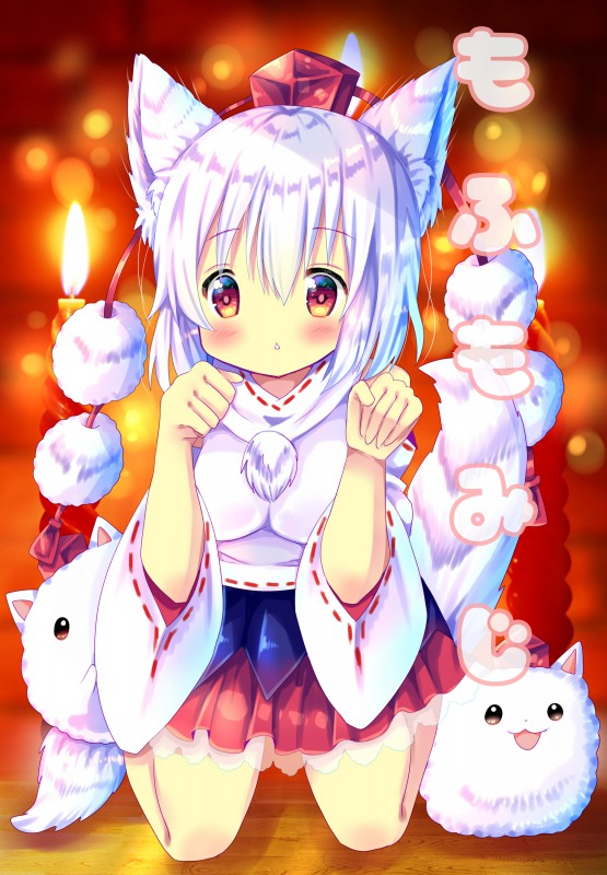 1girl :3 animal_ears blurry blurry_background blush candle chocolat_(momoiro_piano) commentary_request detached_sleeves eyebrows_visible_through_hair hair_between_eyes hat inubashiri_momiji kneeling layered_skirt mofuji on_ground orange_background paw_pose petticoat red_eyes shiny shiny_hair shirt short_hair solo tail tokin_hat touhou translation_request triangle_mouth white_hair white_shirt wolf_ears wolf_tail