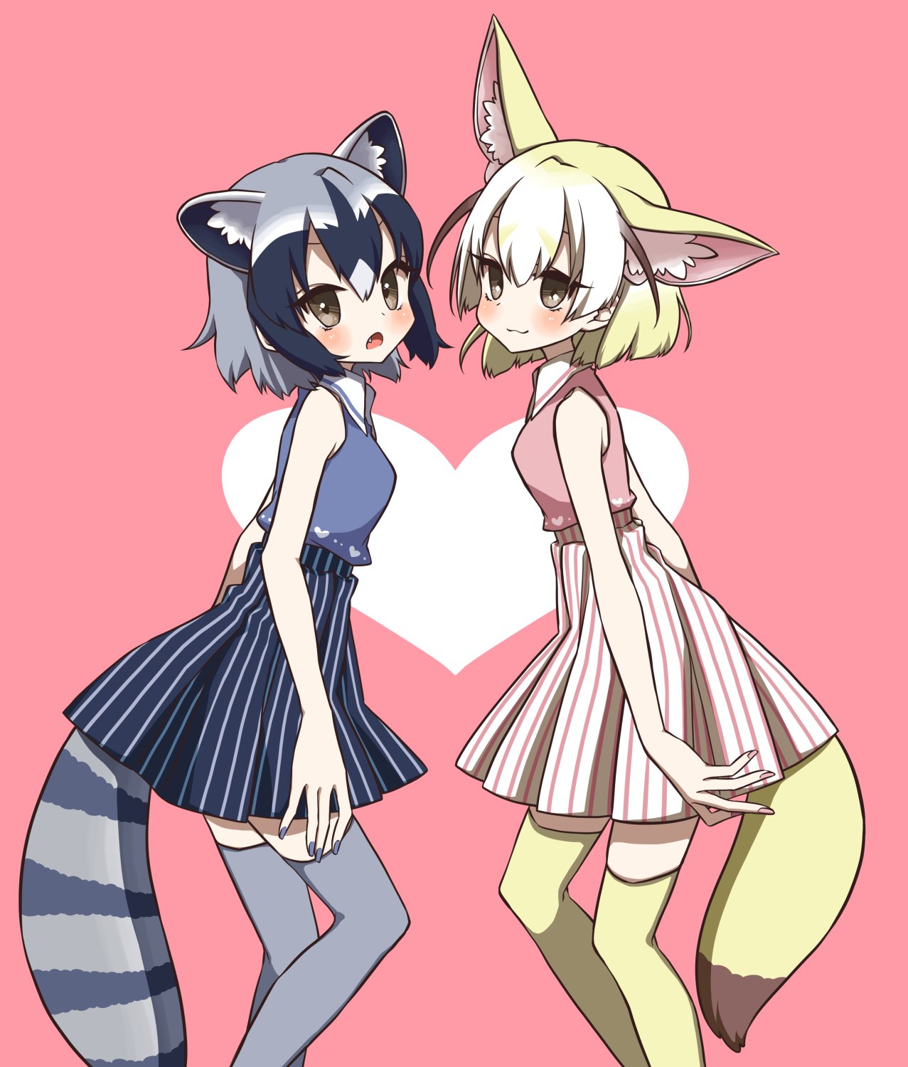 2girls :3 adapted_costume animal_ear_fluff animal_ears bare_arms bare_shoulders blonde_hair blue_hair blush collared_shirt commentary_request common_raccoon_(kemono_friends) cowboy_shot extra_ears eyebrows_visible_through_hair fang fennec_(kemono_friends) fox_ears fox_tail heart high-waist_skirt highres kemono_friends matching_outfit multicolored_hair multiple_girls nail_polish open_mouth petit_ramune raccoon_ears raccoon_tail shirt short_hair skirt sleeveless striped striped_skirt tail thigh-highs zettai_ryouiki