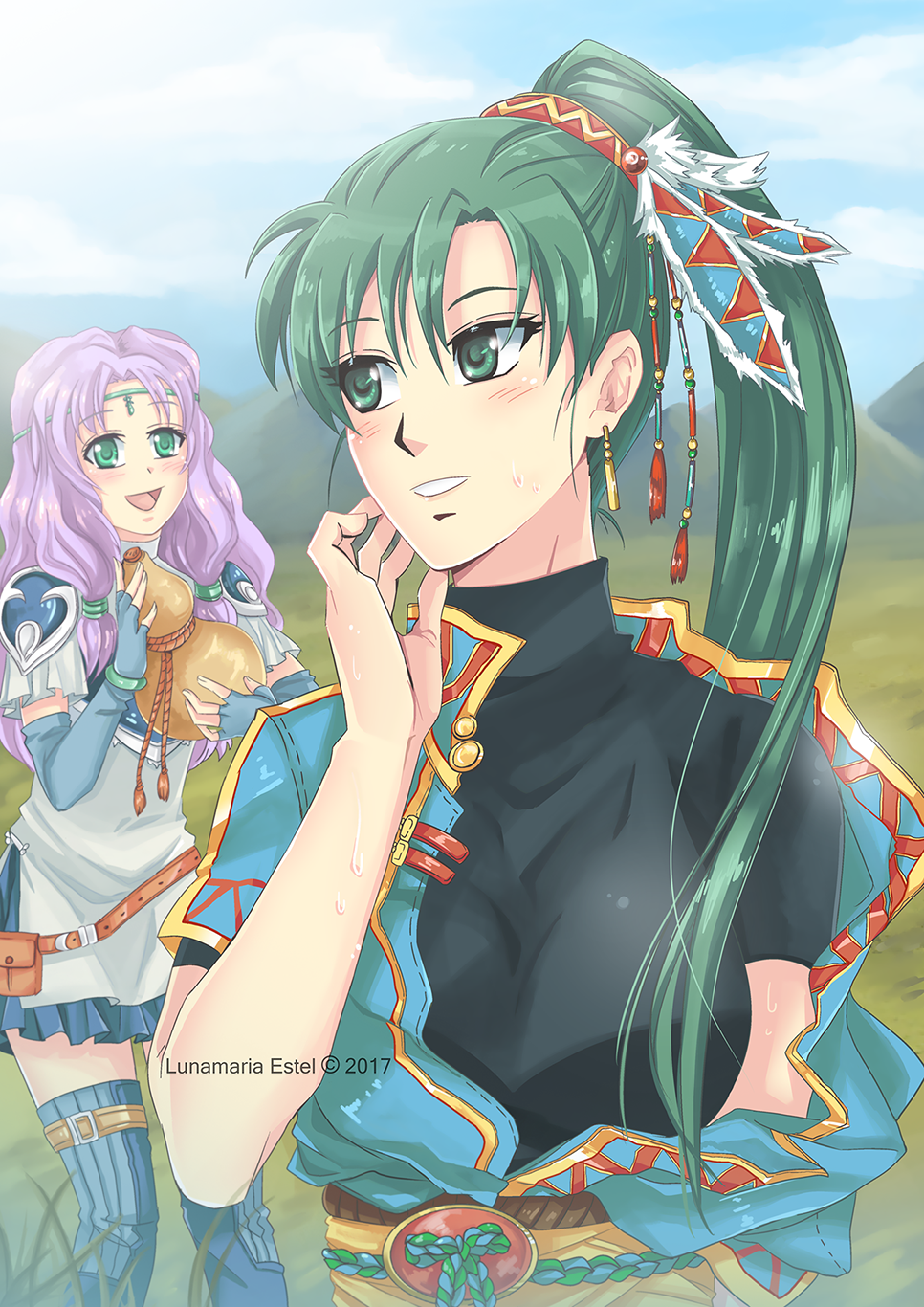 2017 2girls :d artist_name black_shirt blue_gloves blue_skirt blush breastplate elbow_gloves fingerless_gloves fire_emblem fire_emblem:_rekka_no_ken florina gloves green_eyes green_hair grin hair_between_eyes hair_ornament high_ponytail highres long_hair lunamaria_estel lyndis_(fire_emblem) miniskirt multiple_girls nintendo off_shoulder open_mouth pleated_skirt purple_hair shiny shiny_hair shirt short_sleeves shoulder_armor skirt smile spaulders sweatdrop thigh-highs