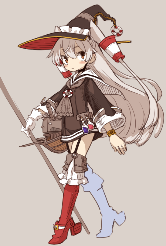 1girl adapted_costume amatsukaze_(kantai_collection) boots bottle bracelet brown_dress brown_eyes choker dress eyebrows_visible_through_hair frilled_boots frilled_hat frills full_body garter_straps gloves grey_hair hair_tubes hat high_heel_boots high_heels jewelry kantai_collection lifebuoy long_hair long_sleeves looking_at_viewer monaka_ooji potion red_legwear rensouhou-kun sailor_dress simple_background single_glove sleeve_cuffs solo staff thigh-highs thigh_boots two_side_up very_long_hair walking white_background white_gloves witch_hat