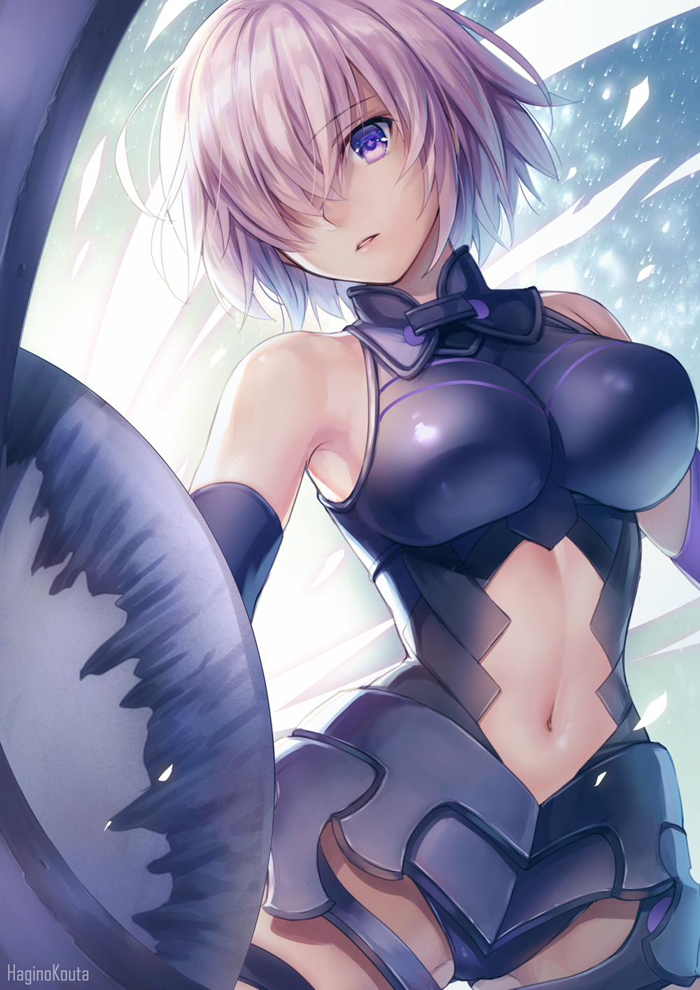 1girl armor armored_leotard artist_name ass_visible_through_thighs backlighting bangs bare_shoulders black_armor black_leotard breasts commentary_request cowboy_shot elbow_gloves eyebrows_visible_through_hair fate/grand_order fate_(series) faulds gloves glowing groin_tendon hagino_kouta hair_over_one_eye halterneck highres hips holding holding_shield impossible_clothes impossible_leotard large_breasts lavender_hair legs_apart leotard looking_at_viewer mash_kyrielight navel navel_cutout parted_lips revision shield short_hair skin_tight solo standing straight_hair thigh_strap thighs turtleneck violet_eyes