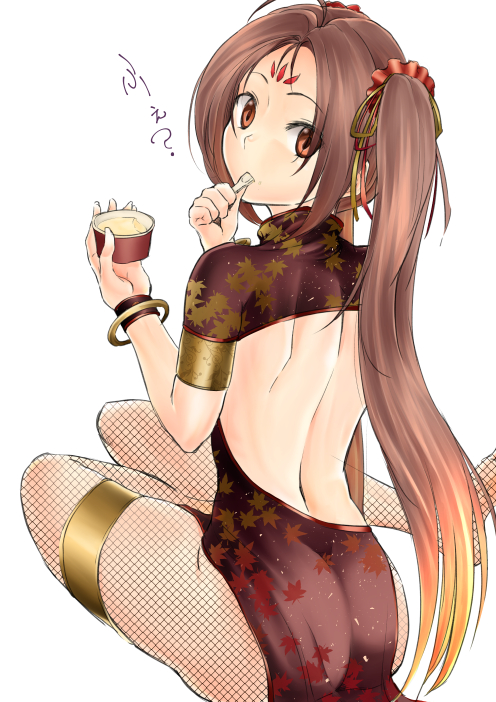 1girl ahoge ass backless_outfit boots_removed brown_eyes brown_hair china_dress chinese_clothes dress eating facial_mark fate/grand_order fate_(series) fishnet_pantyhose fishnets food forehead_mark from_behind ice_cream nezha_(fate/grand_order) pantyhose twintails