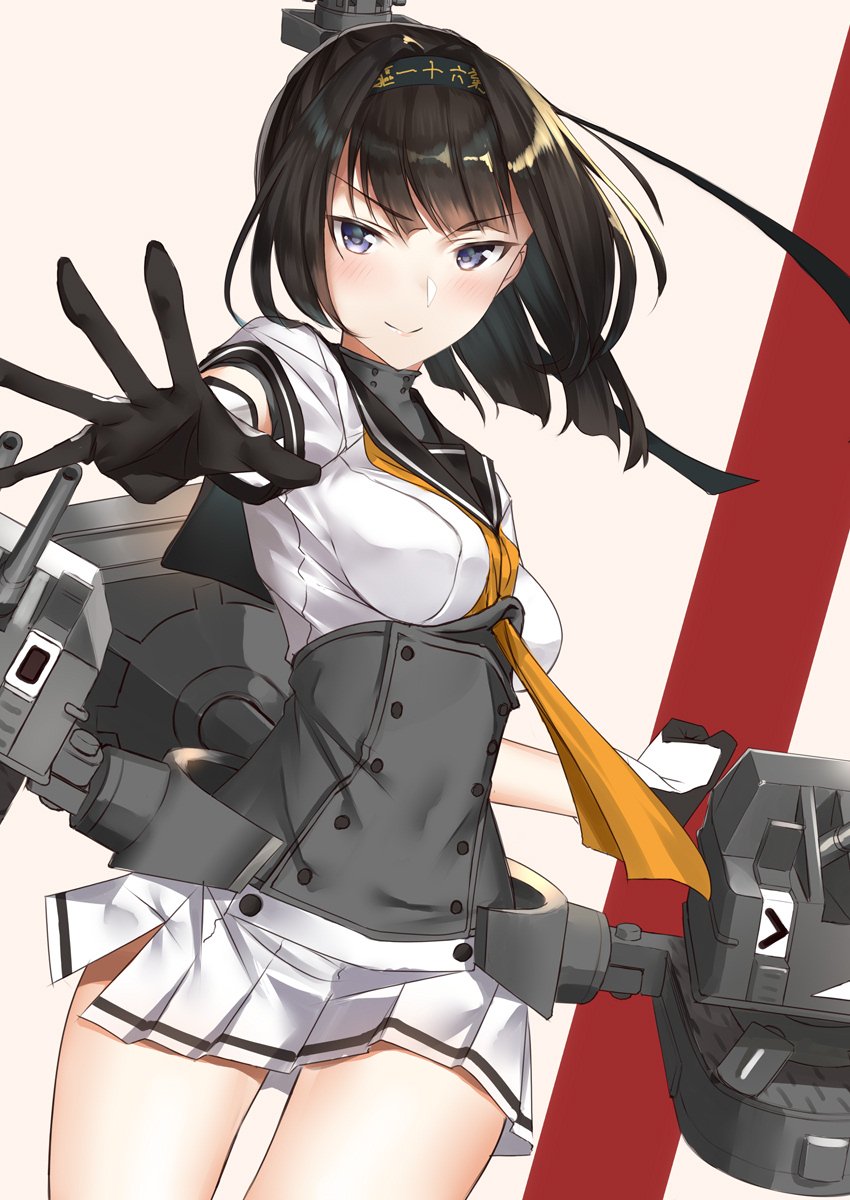 1girl ahoge akizuki_(kantai_collection) black_hair black_ribbon blue_eyes blush breasts chou-10cm-hou-chan corset dutch_angle gloves hachimaki hair_ornament hairband headband highres kantai_collection long_hair looking_at_viewer machinery miniskirt neckerchief outstretched_arm pallad pleated_skirt ponytail ribbon rigging school_uniform serafuku skirt smile solo thigh_strap