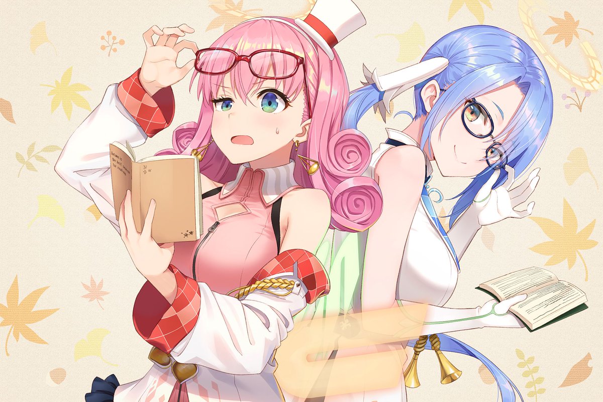 2girls adjusting_eyewear bare_shoulders bell blue_hair blush book breasts brown_eyes character_request closed_mouth copyright_request curly_hair detached_sleeves elbow_gloves eyebrows_visible_through_hair glasses gloves green_eyes hat heart holding holding_book hyuuga_azuri large_breasts long_hair looking_at_another looking_at_viewer medium_hair multiple_girls open_book parted_lips pink_hair side_ponytail sleeveless smile very_long_hair white_gloves white_hat zipper zipper_pull_tab