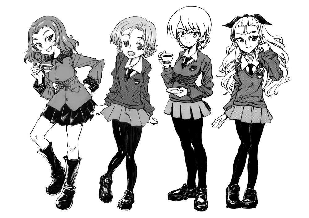 4girls assam bangs boots bow braid closed_mouth commentary cup darjeeling dress_shirt emblem epaulettes eyebrows_visible_through_hair girls_und_panzer hair_bow hair_ornament hair_pulled_back hand_in_hair hand_on_hip head_tilt holding holding_cup holding_weapon jacket light_smile loafers long_hair long_sleeves looking_at_viewer medium_hair military military_uniform miniskirt mituki_(mitukiiro) multiple_girls necktie open_mouth orange_pekoe pantyhose parted_bangs pleated_skirt rosehip school_uniform shirt shoes short_hair skirt smile st._gloriana's_military_uniform st._gloriana's_school_uniform standing standing_on_one_leg sweater teacup tied_hair twin_braids uniform v-neck weapon wing_collar