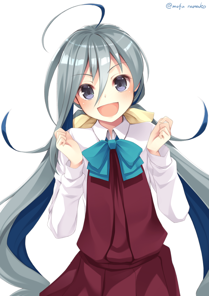 1girl :d ahoge aqua_bow aqua_neckwear blue_eyes blue_hair bow bowtie dress grey_hair kantai_collection kiyoshimo_(kantai_collection) long_hair long_sleeves low_twintails mofu_namako open_mouth purple_dress shirt simple_background sleeveless sleeveless_dress smile solo twintails twitter_username very_long_hair white_background white_shirt