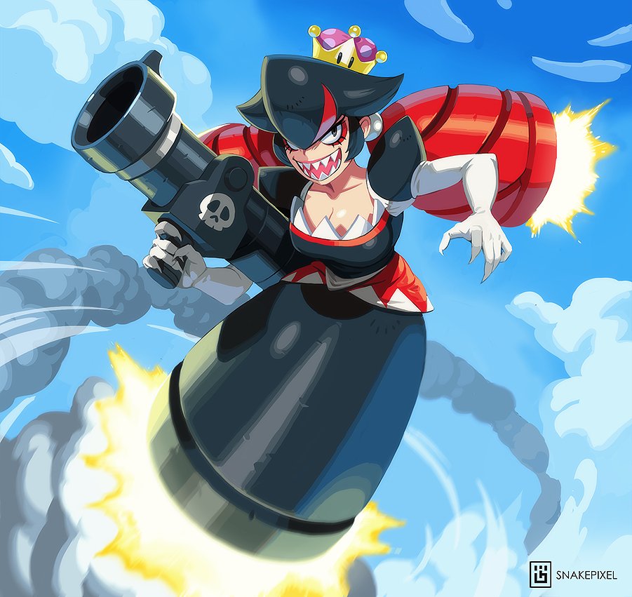 1girl bags_under_eyes black_dress black_eyes black_hair breasts bullet_bill cleavage commentary crown dress elbow_gloves english_commentary eyelashes flying full_body gloves holding holding_weapon huge_weapon long_hair low_twintails super_mario_bros. medium_breasts multicolored_hair new_super_mario_bros._u_deluxe nintendo no_feet no_legs redhead rocket_launcher sharp_nails sharp_teeth simon_stafsnes_andersen solo super_crown super_mario_bros. teeth twintails two-tone_hair weapon white_gloves