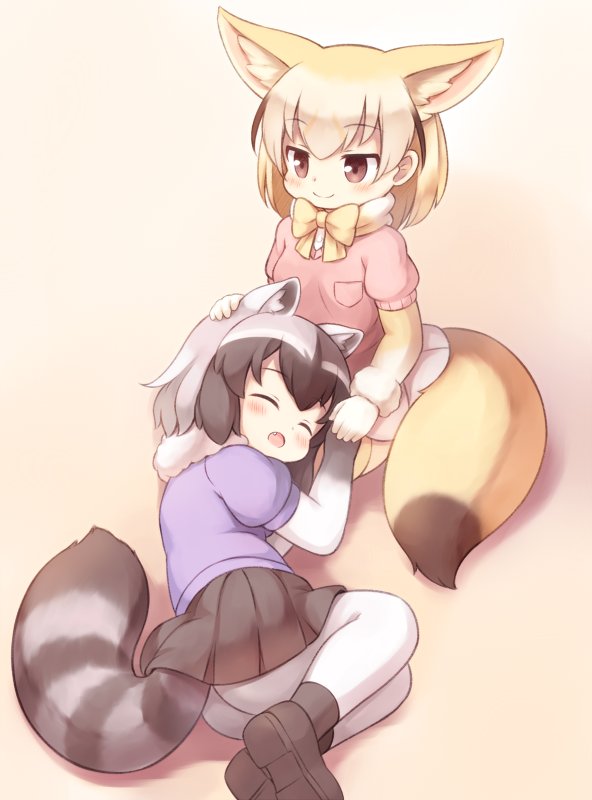 2girls animal_ear_fluff animal_ears ass black_hair black_skirt blouse blush breast_pocket brown_eyes common_raccoon_(kemono_friends) elbow_gloves extra_ears fennec_(kemono_friends) fox_ears fox_tail fur-trimmed_gloves fur_collar fur_trim gloves grey_hair hand_on_another's_head holding_hand kemono_friends lap_pillow mary_janes matsuu_(akiomoi) medium_hair multiple_girls pantyhose pink_sweater pocket purple_blouse raccoon_ears raccoon_tail shoes skirt smile sweater tail thigh-highs white_gloves white_legwear white_skirt yellow_neckwear zettai_ryouiki