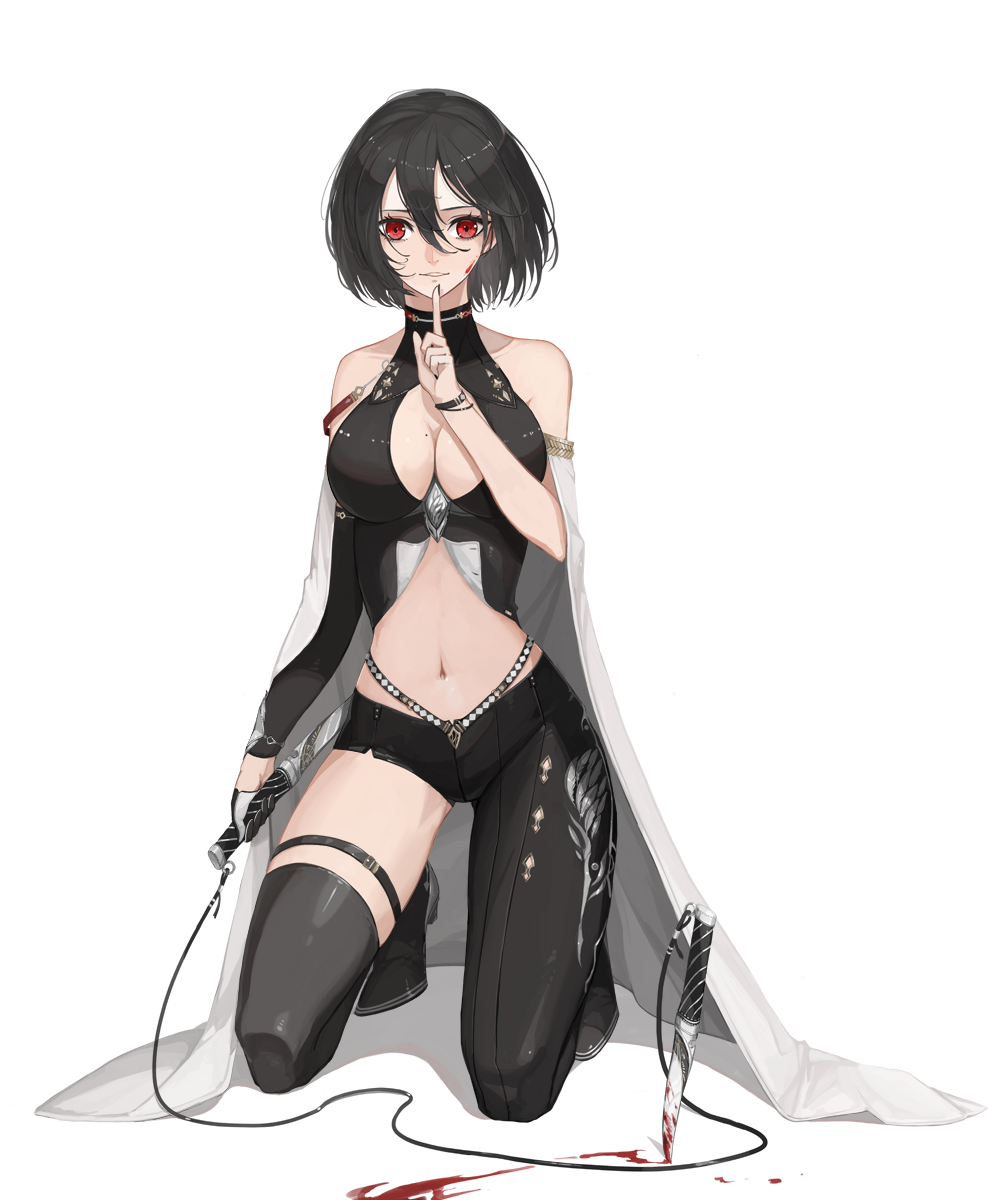 1girl akai2930 assassin asymmetrical_legwear bare_shoulders black_hair blood blood_on_face bloody_weapon breasts cape center_opening dagger detached_sleeves finger_to_mouth full_body gloves highres index_finger_raised kneeling large_breasts looking_at_viewer midriff navel original parted_lips planted_weapon red_eyes shadow short_hair single_glove single_sleeve single_thighhigh solo thigh-highs thigh_strap weapon weapon_request white_background