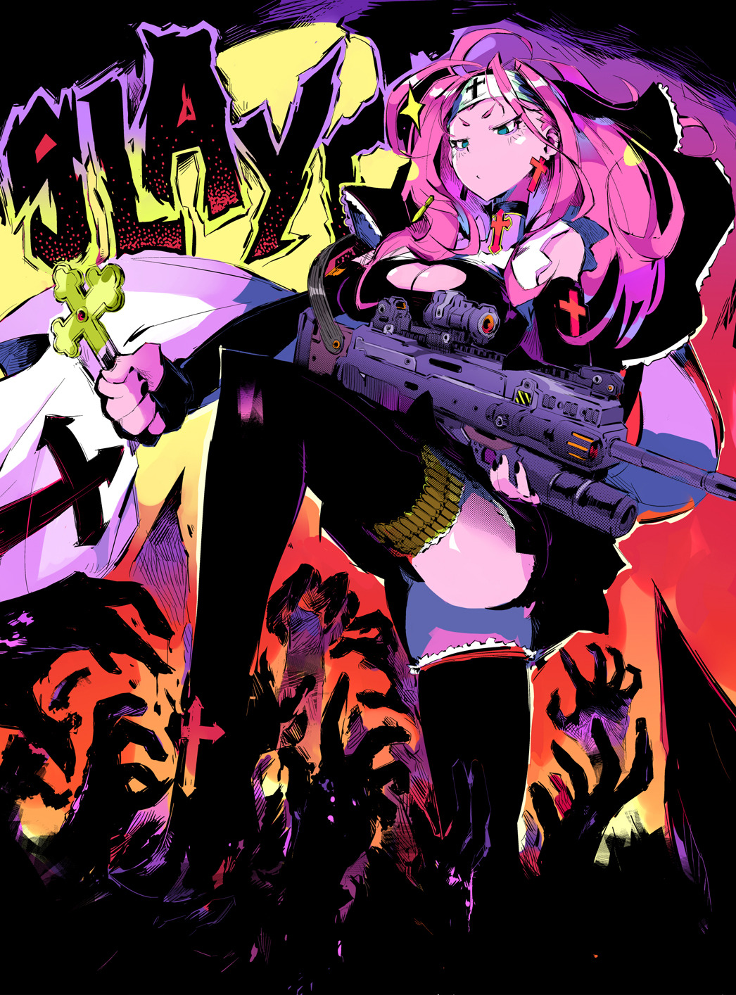 1girl adapted_costume andrea_cofrancesco ass bags_under_eyes bandolier battle_rifle black_footwear black_sleeves blue_eyes boots breasts bullet cleavage cleavage_cutout cross cross_earrings detached_sleeves disembodied_limb earrings gun habit headband highres jewelry large_breasts leg_lift long_hair nun original pink_hair rifle scope solo_focus stepped_on thigh-highs thigh_boots weapon