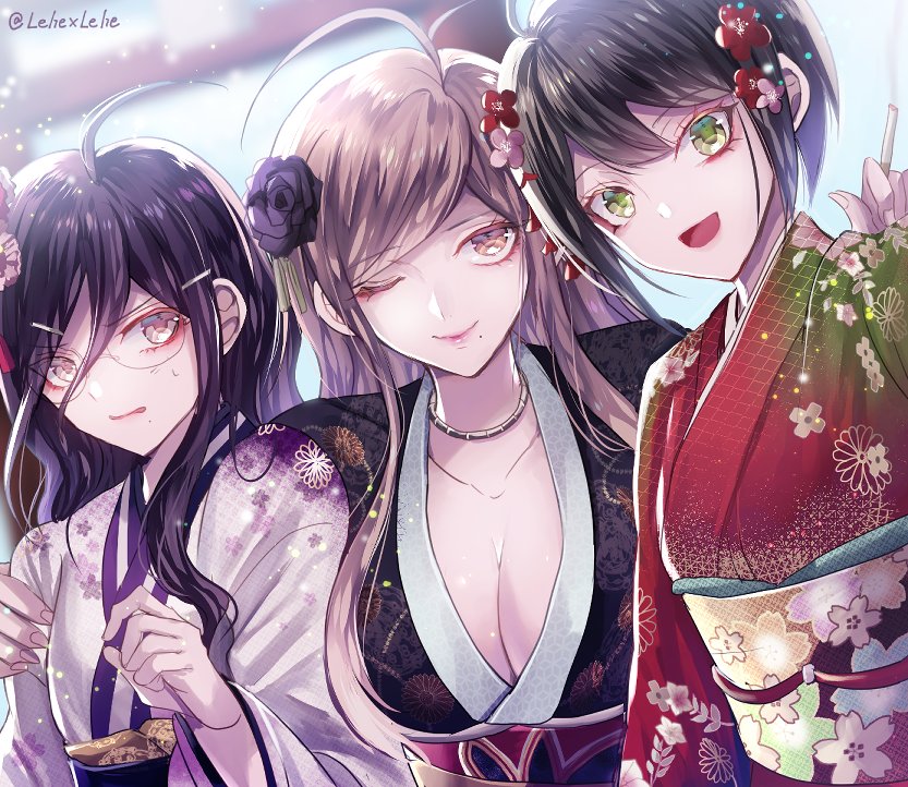 3girls :d ahoge alternate_costume alternate_hairstyle bangs black_flower black_hair black_kimono black_rose blurry blurry_background breasts brown_eyes brown_hair cleavage collarbone dangan_ronpa dangan_ronpa_1 dutch_angle elizabeth_(gintama) enoshima_junko floral_print flower fukawa_touko glasses green_eyes hair_flower hair_ornament ikusaba_mukuro iruma japanese_clothes kimono looking_at_viewer multiple_girls obi open_mouth parted_bangs print_kimono red_kimono rimless_eyewear rose sash smile sweatdrop torii upper_body white_kimono yukata z-epto_(chat-noir86)