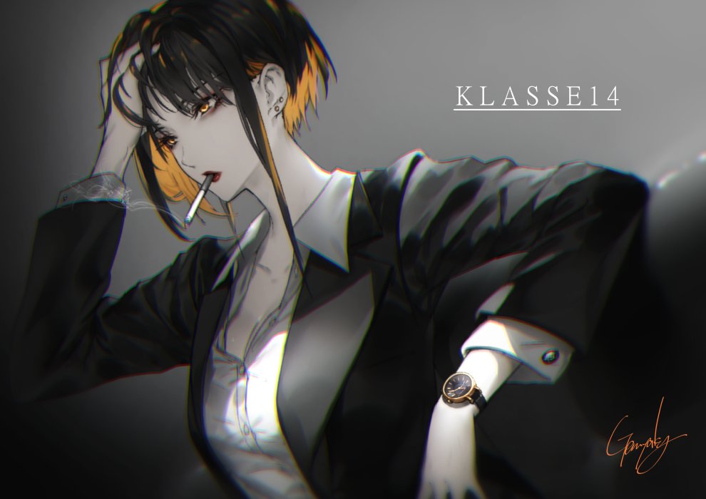 1girl black_hair black_jacket blonde_hair brown_eyes chromatic_aberration commentary_request earrings eyebrows_visible_through_hair grey_background hand_in_hair jacket jewelry klasse14 kyouya_(mukuro238) lipstick makeup mouth_hold multicolored_hair open_clothes open_jacket red_lipstick shirt short_hair sidelocks signature solo spot_color two-tone_hair unbuttoned unbuttoned_shirt watch watch white_shirt wing_collar