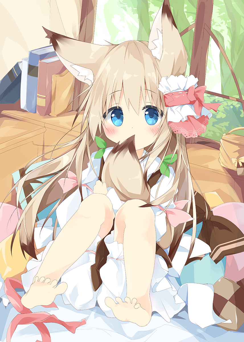 1girl animal_ear_fluff animal_ears bangs barefoot bed_sheet bloomers blue_eyes blush book bow brown_bow brown_skirt brown_vest checkered commentary_request covered_mouth eyebrows_visible_through_hair fox_ears fox_girl fox_tail hair_between_eyes highres indoors knees_up kushida_you light_brown_hair long_hair long_sleeves looking_at_viewer original pillow red_ribbon ribbon shirt sitting skirt soles solo tail tail_hug tree underwear very_long_hair vest white_bloomers white_shirt window