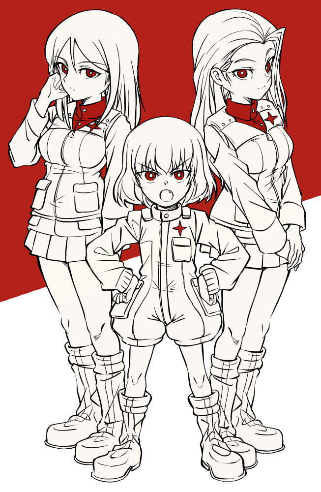 3girls angry bangs boots clara_(girls_und_panzer) closed_mouth commentary emblem fang frown girls_und_panzer hand_in_hair hands_on_hips hands_together jacket jumpsuit katyusha long_hair long_sleeves looking_at_viewer military military_uniform miniskirt mituki_(mitukiiro) monochrome multiple_girls nonna open_mouth pleated_skirt pravda_military_uniform red shirt short_hair short_jumpsuit skirt smile standing swept_bangs turtleneck uniform v-shaped_eyebrows vest zipper