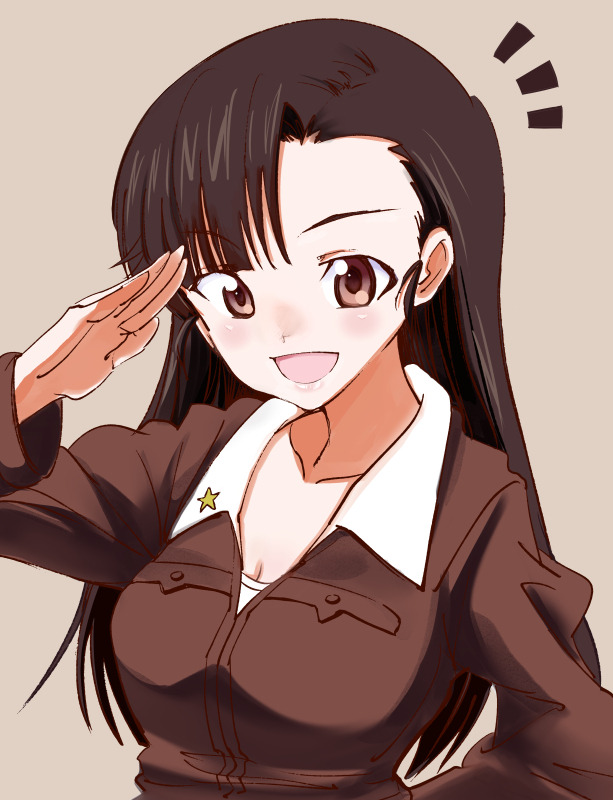 1girl :d asymmetrical_bangs bangs breasts brown_background brown_eyes brown_hair brown_jacket chi-hatan_military_uniform cleavage commentary girls_und_panzer jacket long_hair long_sleeves looking_at_viewer medium_breasts military military_uniform mituki_(mitukiiro) nishi_kinuyo notice_lines open_mouth salute shirt simple_background smile solo uniform upper_body white_shirt