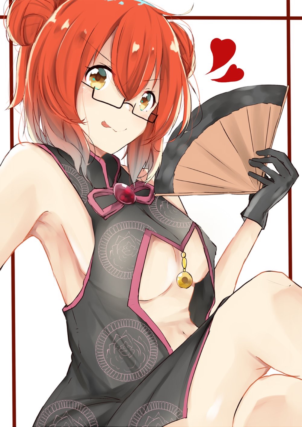 armpits black_gloves breasts cosplay double_bun fan fate/grand_order fate_(series) fujimaru_ritsuka_(female) glasses gloves hair_between_eyes harusame_(moyuna412) heart highres koyanskaya koyanskaya_(cosplay) legs_crossed medium_breasts orange_hair paper_fan semi-rimless_eyewear short_hair sideboob tongue tongue_out under-rim_eyewear under_boob white_background