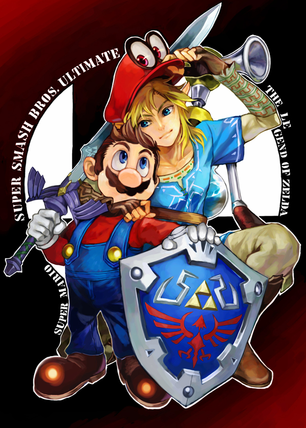 2boys antique_(artist) big_nose blonde_hair blue_eyes boots brown_footwear brown_hair cappy_(mario) copyright_name f.l.u.d.d. facial_hair fingerless_gloves gloves hat kneeling link logo looking_at_another mario super_mario_bros. master_sword multiple_boys mustache nintendo over_shoulder overalls pointy_ears shield smile standing super_mario_bros. super_mario_odyssey super_smash_bros. super_smash_bros._ultimate sword the_legend_of_zelda the_legend_of_zelda:_breath_of_the_wild weapon weapon_over_shoulder white_gloves