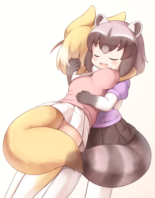 2girls animal_ears arms_around_back bangs black_gloves black_hair blonde_hair blouse blush closed_eyes common_raccoon_(kemono_friends) elbow_gloves eyebrows_visible_through_hair fang fennec_(kemono_friends) fox_ears fox_tail fur_collar gloves gradient gradient_background grey_hair hug kemono_friends matsuu_(akiomoi) medium_hair multicolored multicolored_clothes multicolored_gloves multicolored_hair multiple_girls open_mouth pantyhose pink_sweater plaid plaid_skirt pleated_skirt puffy_sleeves purple_blouse raccoon_ears raccoon_tail skirt sweater tail thigh-highs white_background white_gloves white_legwear