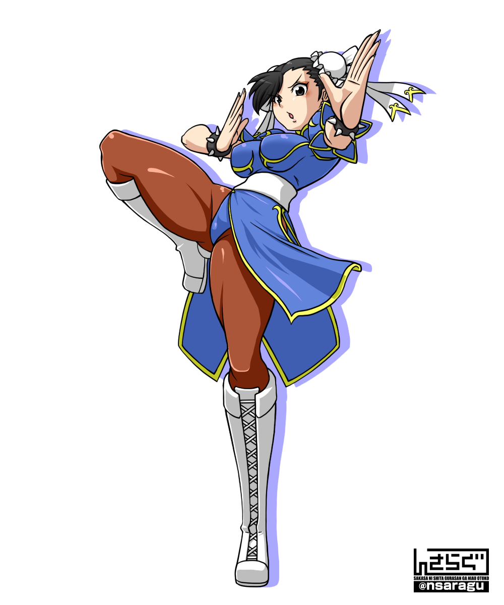 1girl arms_up bangs blue_dress boots bracelet breasts brown_eyes brown_hair brown_legwear bun_cover capcom china_dress chinese_clothes chun-li commentary_request cross-laced_footwear double_bun dress eyebrows_visible_through_hair eyeliner fighting_stance gold_trim highres jewelry makeup medium_breasts pantyhose pelvic_curtain puffy_sleeves sakasa_gurasan sash short_sleeves side_slit solo spiked_bracelet spikes standing standing_on_one_leg street_fighter thighs white_background white_footwear