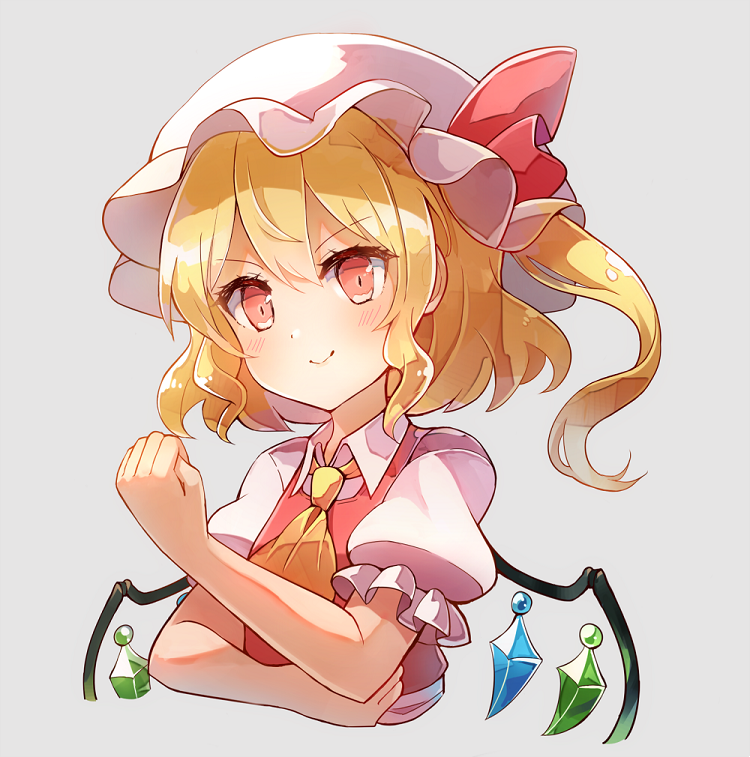1girl 60mai ascot bangs blonde_hair blush clenched_hand commentary_request cropped_torso crystal eyebrows_visible_through_hair flandre_scarlet grey_background hair_between_eyes hat hat_ribbon long_hair looking_at_viewer mob_cap one_side_up puffy_short_sleeves puffy_sleeves red_eyes red_ribbon red_vest ribbon shirt short_sleeves simple_background smile solo touhou upper_body vest white_hat white_shirt wing_collar wings yellow_neckwear
