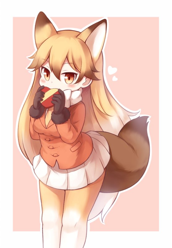 1girl animal_ears black_fur black_gloves blazer blonde_hair blush bow bowtie box buttons chocolate commentary covering_mouth ears extra_ears eyebrows eyebrows_visible_through_hair eyes ezo_red_fox_(kemono_friends) face feet_out_of_frame fox_ears fox_tail fur-trimmed_sleeves fur_trim gift gift_box gloves heart holding_gift holding_heart holding_object jacket kemono_friends large_buttons leaning_forward legs legs_together long_hair long_sleeves matsuu_(akiomoi) miniskirt multicolored_hair orange_eyes orange_jacket orange_legwear outline pantyhose plaid plaid_skirt pocket red_background red_heart simple_background skirt solo standing streaked_hair tail thighs white_hair white_legwear white_miniskirt white_neckwear white_outline white_skirt