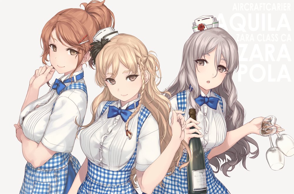 3girls alternate_costume apron aquila_(kantai_collection) bangs blonde_hair blue_neckwear blue_ribbon blush bottle bow bowtie braid breast_hold breasts brown_eyes brown_hair button_gap character_name collared_shirt commentary_request cup dated dress_shirt employee_uniform french_braid from_side gingham grey_background grey_hair hair_between_eyes hair_ornament hairclip hand_up hat high_ponytail holding holding_bottle holding_cup kantai_collection koubeya_uniform large_breasts long_hair looking_at_viewer medium_breasts mini_hat multiple_girls open_mouth orange_hair pola_(kantai_collection) revision ribbon rokuwata_tomoe shirt short_sleeves signature simple_background smile swept_bangs twitter_username uniform upper_body wavy_hair white_shirt zara_(kantai_collection)