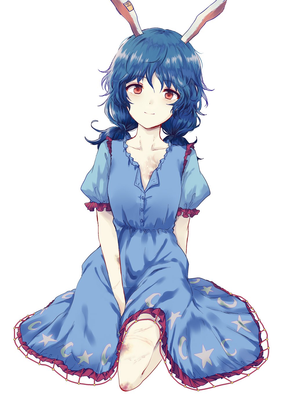 1girl animal_ears bangs blue_dress blue_hair breasts bruise collarbone commentary_request crescent_print dress eyebrows_visible_through_hair frills hair_between_eyes highres injury long_hair looking_at_viewer low_twintails puffy_short_sleeves puffy_sleeves rabbit_ears red_eyes seiran_(touhou) seiza short_sleeves simple_background sitting small_breasts smile solo star star_print thighs touhou twintails uranaishi_(miraura) white_background