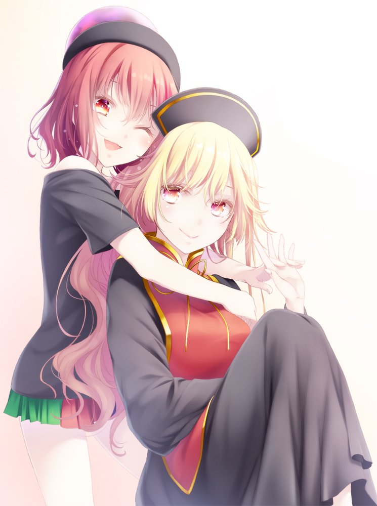 2girls black_dress black_shirt blonde_hair closed_mouth commentary_request dress hair_between_eyes hecatia_lapislazuli hug hug_from_behind interlocked_fingers junko_(touhou) knees_up long_hair long_sleeves midorino_eni miniskirt multicolored multicolored_clothes multicolored_skirt multiple_girls off-shoulder_shirt one_eye_closed polos_crown red_eyes redhead ribbon shirt short_sleeves sitting skirt t-shirt tabard touhou wavy_hair white_background wide_sleeves yellow_ribbon