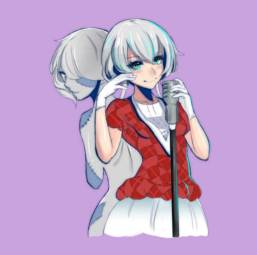 blue_eyes eyebrows_visible_through_hair gloves hair_between_eyes hair_ribbon idol jamjamstyle konno_junko long_hair low_twintails microphone microphone_stand patchwork_skin red_eyes ribbon short_sleeves silver_hair stitches twintails zombie zombie_land_saga