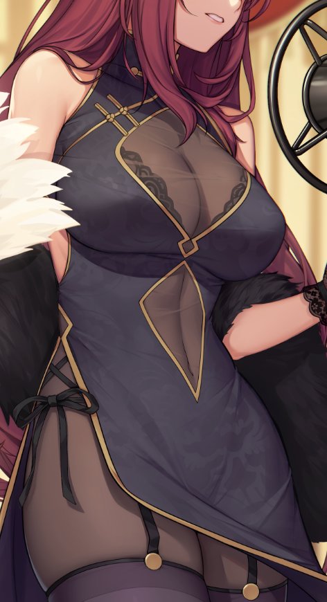 1girl black_dress black_gloves bodysuit breasts china_dress chinese_clothes cleavage cleavage_cutout covered_navel cowboy_shot dress evan_yang fate/grand_order fate_(series) fur_trim garter_straps gloves head_out_of_frame large_breasts long_hair parted_lips purple_hair purple_legwear scathach_(fate)_(all) scathach_(fate/grand_order) see-through shawl side-tie_dress side_slit solo thigh-highs