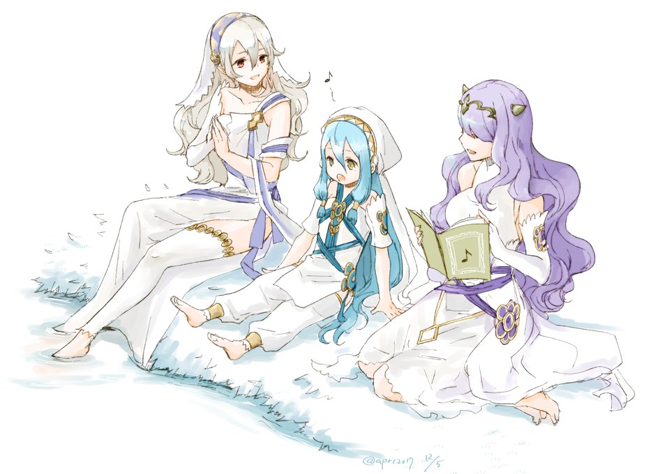anklet aqua_(fire_emblem_if) blue_hair book camilla_(fire_emblem_if) dress elbow_gloves female_my_unit_(fire_emblem_if) fingerless_gloves fire_emblem fire_emblem_heroes fire_emblem_if gloves hair_between_eyes hair_ornament hair_over_one_eye hairband jewelry long_hair mamkute my_unit_(fire_emblem_if) nintendo pointy_ears purple_hair red_eyes robaco silver_hair veil very_long_hair violet_eyes water wavy_hair yellow_eyes younger