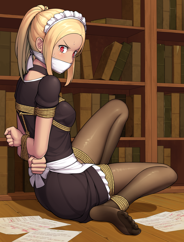 1girl alternate_costume apron bdsm black_legwear blonde_hair bondage bound dress full_body gagged gbeeee gravity_daze gravity_daze_2 kitten_(gravity_daze) long_hair maid maid_apron maid_headdress pantyhose ponytail red_eyes restrained short_sleeves sitting sweat