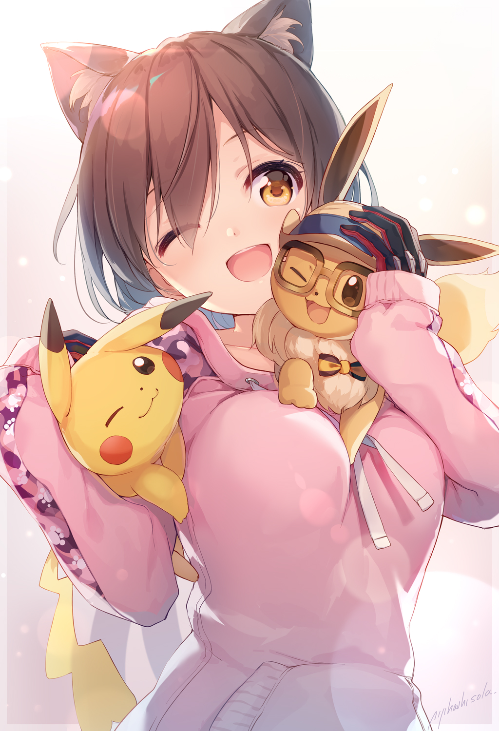 1girl ;d animal_ear_fluff animal_ears bangs black_gloves bow breasts brown-framed_eyewear brown_bow brown_hair carrying commentary_request creatures_(company) drawstring eevee game_freak gen_1_pokemon glasses gloves hands_up head_tilt highres long_sleeves looking_at_viewer medium_breasts nijihashi_sora nintendo one_eye_closed open_mouth pikachu pink_sweater pokemon roboco-san roboco_ch. short_hair signature sleeves_past_wrists smile striped striped_bow sweater teeth upper_body virtual_youtuber yellow_eyes