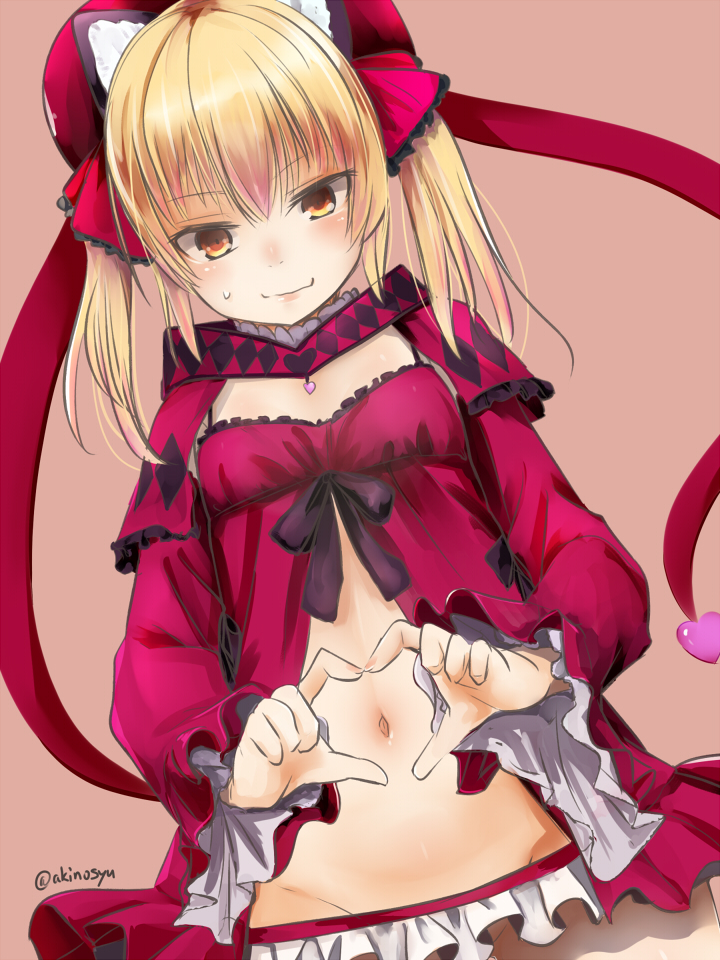 1girl akino_shuu animal_ears bangs blonde_hair blush bow breasts brown_background brown_eyes cat_ears closed_mouth commentary_request dress dutch_angle eyebrows_visible_through_hair fingernails groin hair_between_eyes hair_bow head_tilt heart heart_hands long_sleeves navel red_bow red_dress red_ribbon ribbon sennen_sensou_aigis simple_background sleeves_past_wrists small_breasts solo sweat twintails twitter_username wide_sleeves wonder_heart_(sennen_sensou_aigis)