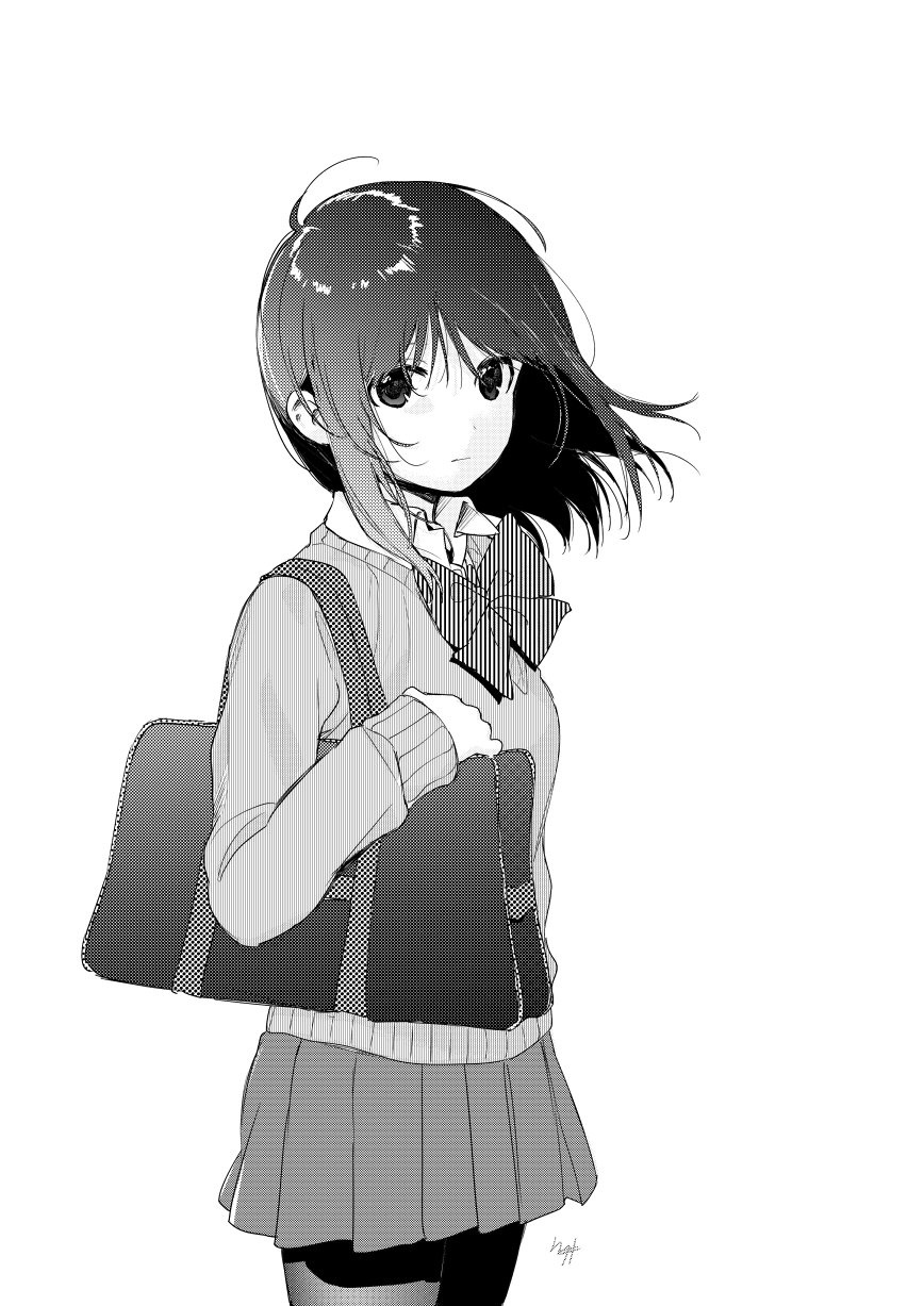 1girl bag bow bowtie cardigan closed_mouth collared_shirt commentary_request copyright_request greyscale highres kawai_makoto long_sleeves looking_at_viewer monochrome pantyhose pleated_skirt school_bag school_uniform shirt short_hair shoulder_bag signature simple_background skirt solo standing white_background wing_collar