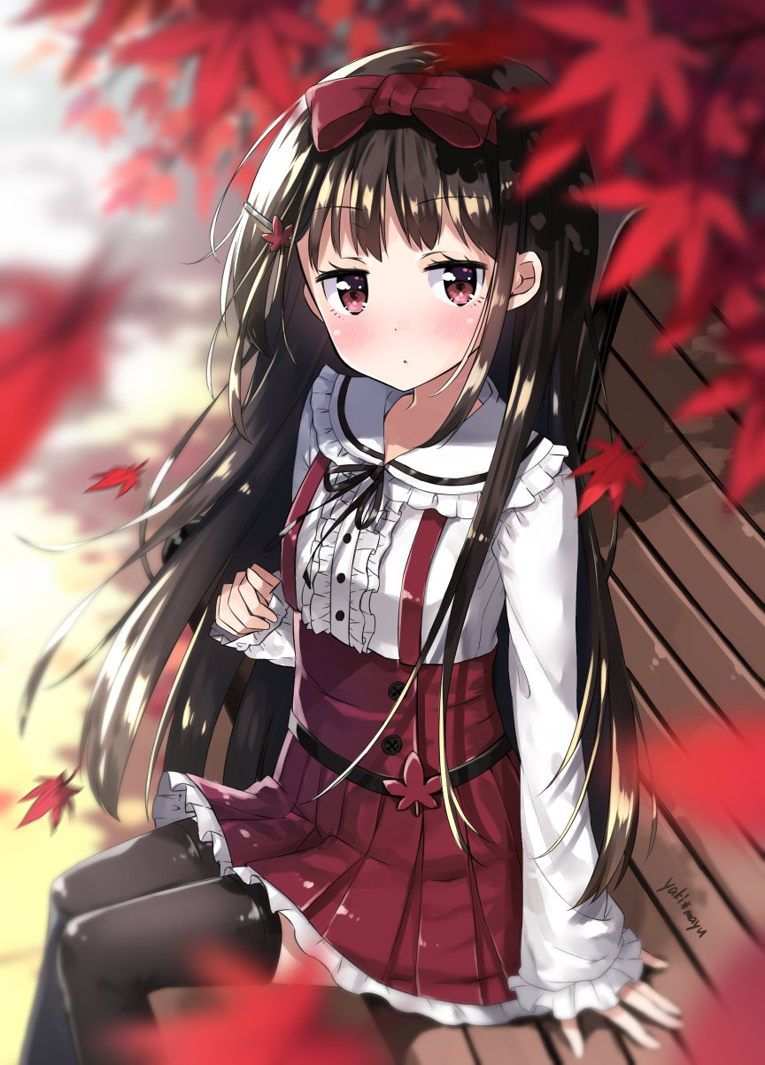 1girl arm_support autumn_leaves bangs bench black_hair black_legwear black_neckwear blurry blurry_foreground blush bow collared_shirt commentary_request day depth_of_field eyebrows_visible_through_hair frilled_shirt_collar frilled_skirt frills from_above hair_bow hair_ornament hairclip hand_up highres leaf leaf_hair_ornament long_hair long_sleeves looking_at_viewer maple_leaf miniskirt neck_ribbon original outdoors park_bench parted_lips pleated_skirt red_bow red_eyes red_skirt ribbon shiny shiny_hair shirt sidelocks sitting skirt sleeves_past_wrists solo thigh-highs white_shirt yaki_mayu zettai_ryouiki