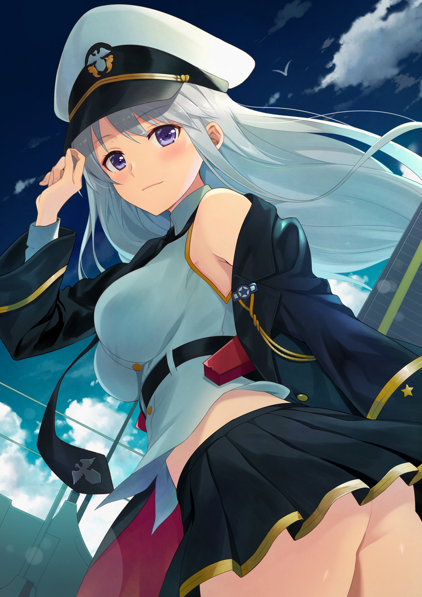 1girl ass azuki_yui azur_lane belt black_belt black_coat black_neckwear bow_(weapon) clouds cloudy_sky coat collared_shirt cowboy_shot day deck enterprise_(azur_lane) eyebrows_visible_through_hair hat military military_hat miniskirt necktie open_clothes open_coat peaked_cap shirt silver_hair skirt sky sleeveless sleeveless_shirt underbust violet_eyes weapon white_hat