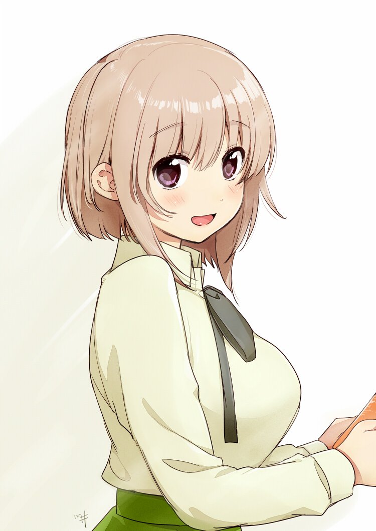 1girl :d amaetai_hi_wa_soba_ni_ite blush breasts collared_shirt commentary_request eyebrows_visible_through_hair from_side green_neckwear green_ribbon green_shirt green_skirt hinageshi_(amaetai_hi_wa_soba_ni_ite) kawai_makoto large_breasts light_brown_hair long_sleeves looking_at_viewer looking_to_the_side neck_ribbon open_mouth ribbon shirt short_hair signature skirt smile solo violet_eyes white_background wing_collar