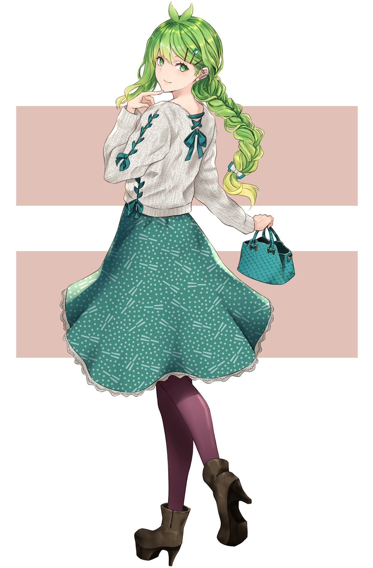 1girl alternate_costume alternate_hairstyle antenna_hair bag bangs boots braid casual closed_mouth commentary frog_hair_ornament from_behind full_body green_eyes green_hair green_ribbon green_skirt hair_ornament hair_ribbon hairclip handbag high_heel_boots high_heels highres holding holding_bag kochiya_sanae leg_up long_hair long_sleeves looking_at_viewer looking_back nabeshima_tetsuhiro purple_legwear ribbon simple_background single_braid skirt smile solo sweater thigh-highs touhou two-tone_background white_sweater