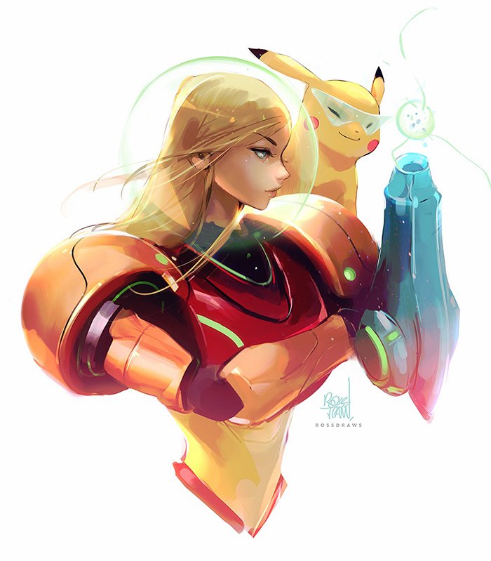 1girl bangs blonde_hair blue_eyes creatures_(company) game_freak gen_1_pokemon gun long_hair metroid mole mole_under_mouth nintendo pikachu pokemon pokemon_(creature) pokemon_(game) ponytail power_suit ross_tran samus_aran simple_background smile super_smash_bros. super_smash_bros._ultimate varia_suit weapon