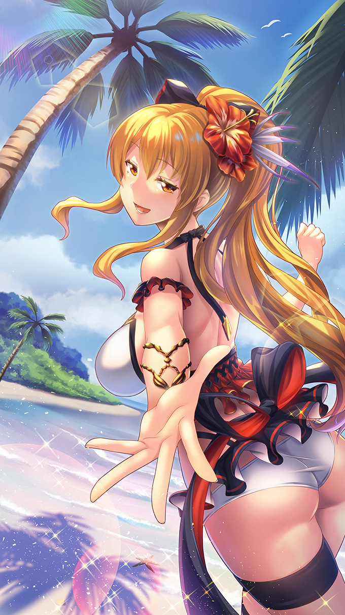 1girl :d beach bikini blonde_hair bow breasts flower granblue_fantasy hair_bow hair_flower hair_ornament highres hyui_cf2 large_breasts long_hair looking_at_viewer looking_back ocean open_mouth orange_eyes outstretched_hand palm_tree ponytail smile solo swimsuit tree vira_lilie