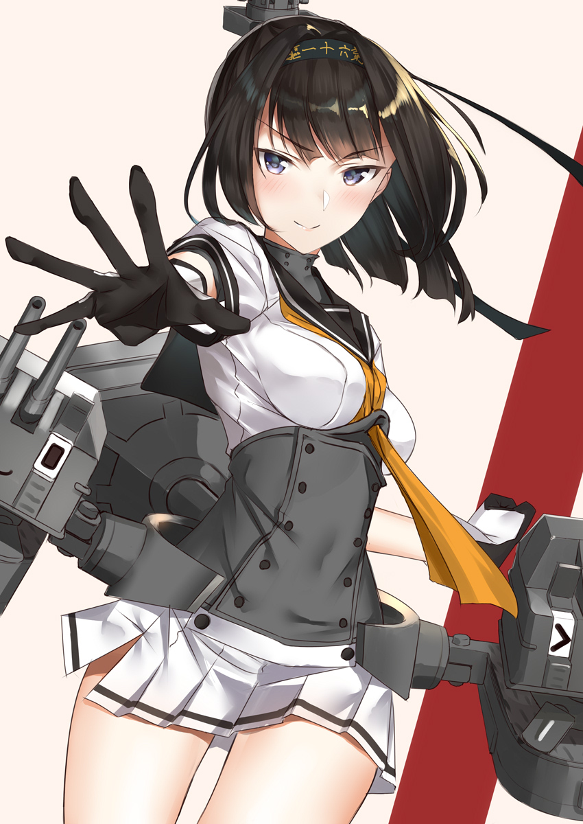 1girl ahoge akizuki_(kantai_collection) black_hair black_ribbon blue_eyes blush breasts chou-10cm-hou-chan corset dutch_angle gloves hachimaki hair_ornament hairband headband highres kantai_collection long_hair looking_at_viewer machinery miniskirt neckerchief outstretched_arm pallad pleated_skirt ponytail ribbon rigging school_uniform serafuku skirt smile solo thigh_strap