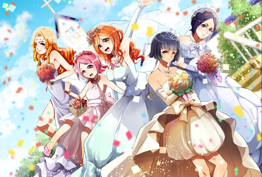 5girls arm_up armpits bangs basket bleach blue_eyes blue_gloves blue_hair blue_sky blurry blurry_background bouquet bow bowtie breasts bridal_veil brown_eyes church clouds day detached_sleeves diadem dress dutch_angle elbow_gloves flower glasses gloves holding holding_basket holding_bouquet inoue_orihime ise_nanao jewelry kusajishi_yachiru large_breasts long_dress long_hair long_sleeves looking_at_viewer matsumoto_rangiku multiple_girls necklace open_mouth orange_hair outdoors pink_eyes pink_flower pink_footwear pink_hair pink_rose purple_bow red_flower red_rose rimless_eyewear rose short_hair sky sleeveless sleeveless_dress smile strapless strapless_dress sui-feng umi_(pixiv6861961) veil white_bow white_dress white_gloves white_neckwear white_sleeves