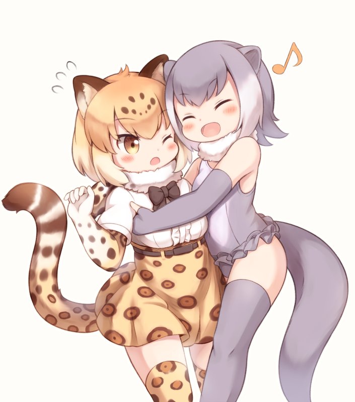 2girls :d ;o animal_ears bangs bare_shoulders beige_background black_neckwear blush bow bowtie closed_eyes eyebrows_visible_through_hair fingerless_gloves frilled_swimsuit frills fur_collar gloves grey_hair hug jaguar_(kemono_friends) jaguar_ears jaguar_print jaguar_tail kemono_friends matsuu_(akiomoi) multiple_girls musical_note one-piece_swimsuit one_eye_closed open_mouth otter_ears otter_tail shirt short_hair short_sleeves simple_background skirt small-clawed_otter_(kemono_friends) smile swimsuit tail thigh-highs toeless_legwear white_hair white_shirt zettai_ryouiki