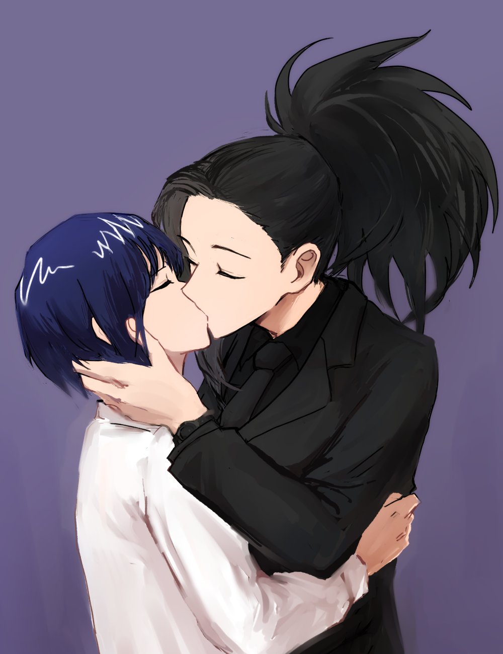 2girls bangs black_hair black_neckwear blue_hair boku_no_hero_academia business_suit clock closed_eyes eyebrows_visible_through_hair formal hand_on_another's_back hand_on_another's_head high_ponytail highres jirou_kyouka kiss multiple_girls necktie ponytail short_hair simple_background suit vvvmung watch watch yaoyorozu_momo yuri